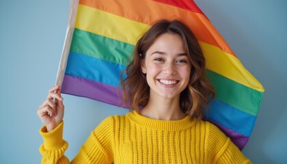 A cheerful young woman with wavy brown hair beams as she proudly holds a vibrant rainbow flag against a soft blue background. Her bright yellow sweater radiates warmth and positivity, symbolizing