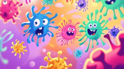 Playful cartoon viruses interact energetically with antibodies in a vibrant and colorful setting. Generative AI