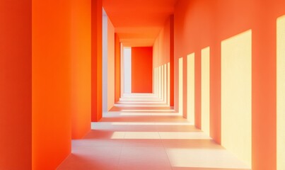 Obraz premium Modern minimalist hallway with orange wall and bright sunlight