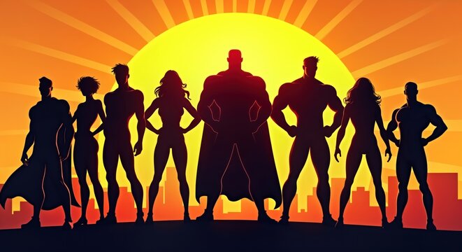 Powerful superhero team stands united. Strong silhouettes symbolize unity, teamwork. Diverse group of heroes stands confidently against city skyline. Sunrise sunset glow highlights determination.
