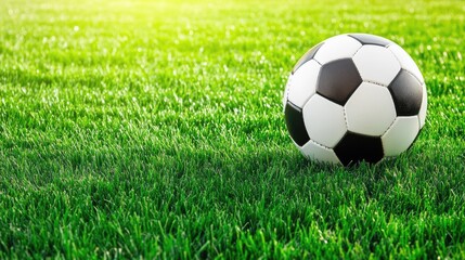 Fototapeta premium A classic black-and-white soccer ball on freshly cut green grass under the sunlight.