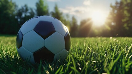 Fototapeta premium A classic black-and-white soccer ball on freshly cut green grass under the sunlight.