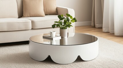 Furniture trendy luxury and innovative, A modern living room featuring a stylish white scalloped coffee table, decorative plant, and cozy couch on a soft rug.