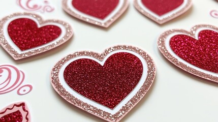 Fototapeta premium A close-up of heart-shaped stickers with glitter accents and decorative borders.