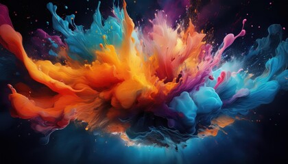 Vibrant Explosion of Color Abstract Artwork Depicting an Intense Paint, Water or Smoke Splash on Dark Background, Evoking a Sensation of Dramatic Energy and Chaos.