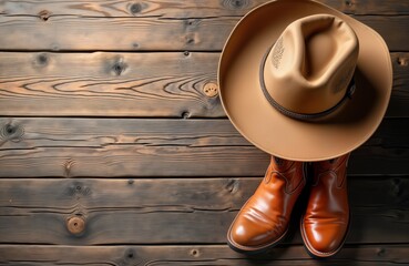 Cowboy hat, boots on dark brown wooden surface. Stylish accessories for rustic western style. Ideal for country music concert invitation birthday card. Product display for leather goods store ranch