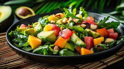 A colorful tropical salad featuring ripe papaya, creamy avocado, and crunchy toasted macadamia nuts, all topped with a zesty lime dressing and served on a rustic bamboo table.