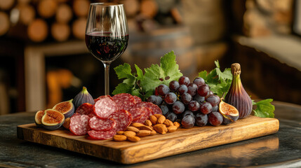 A rustic charcuterie board with fresh grapes, figs, and almonds, served next to a glass of wine for an elegant evening snack