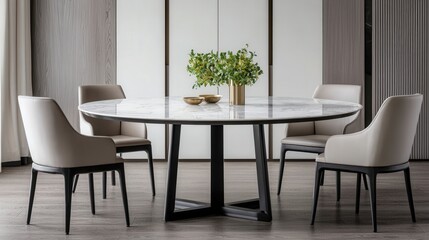 Fototapeta premium Furniture trendy luxury and innovative, A modern dining setup featuring a round glass table, elegant chairs, and a vase of greenery, creating a stylish and inviting atmosphere.