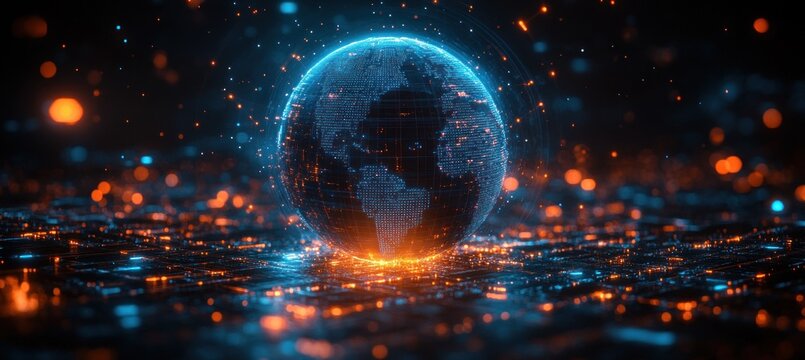 Digital Globe with Human Connection Icons and Data Streams in Cyberpunk Style
