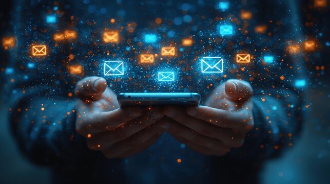 A person holds a smartphone with glowing email icons. This symbolizes communication, messaging, and digital connectivity. It can be used for apps related to email, social media, or online messaging.