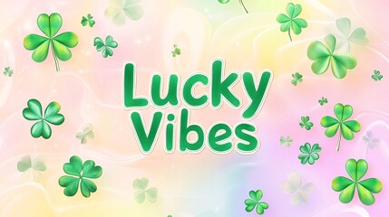 Pastel rainbow gradient background with Lucky Vibes text and clover illustrations for cheerful and festive designs