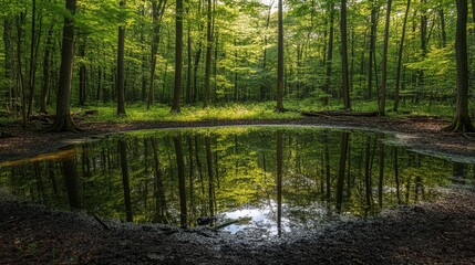A hidden pond in a lush forest, with calm water and gentle sunlight.