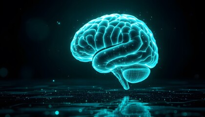 A turquoise holographic brain structure floats above a digital circuit board - a symbol of intelligence and innovation - suitable for tech events and scientific publications,