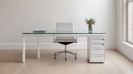 Furniture trendy luxury and innovative, A modern, minimalist office space featuring a glass desk, ergonomic chair, and a small potted plant, with ample natural light.