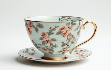 A classic teacup with a floral pattern and gold rim on a pristine white backdrop