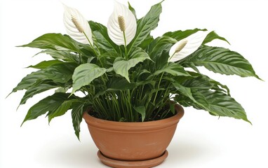 Fototapeta premium A classic terracotta pot with a vibrant peace lily blooming gracefully against a clean white surface