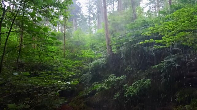 Misty forest tranquility: lush greenery and gentle rainfall in a serene woodland