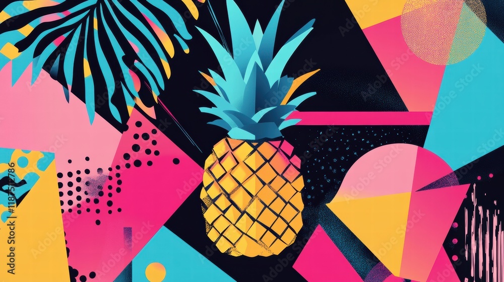 Aufkleber Abstract geometric design featuring a vibrant pineapple surrounded by colorful shapes and patterns. Generative AI