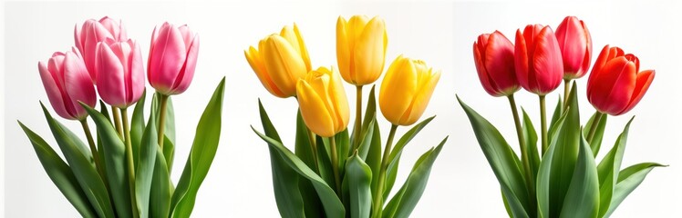 Fototapeta premium Fresh tulips in vibrant pink yellow, red colors arranged in bouquet. Natural spring flowers. Beautiful floral arrangement isolated on white background. Perfect for spring summer design project.