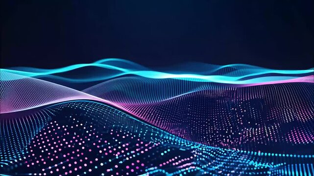 dynamic abstract digital wave pattern with glowing dots in blue and pink hues, futuristic technology background, modern design for presentations and innovative visual concepts

