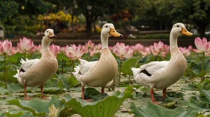 Obraz premium A picturesque lotus pond with ducks basking in the peaceful morning atmosphere.