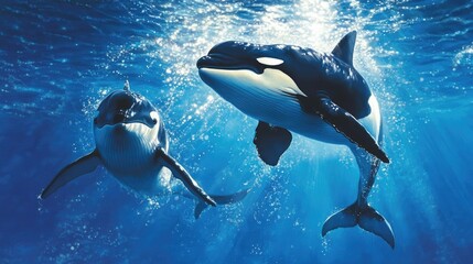 Naklejka premium A playful whale calf jumping alongside its mother in sparkling blue waters.