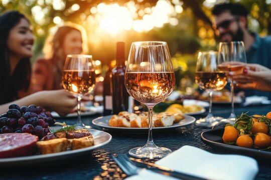 Friends Gathering for BBQ Dinner Party in Garden with Red Wine and Fresh Food