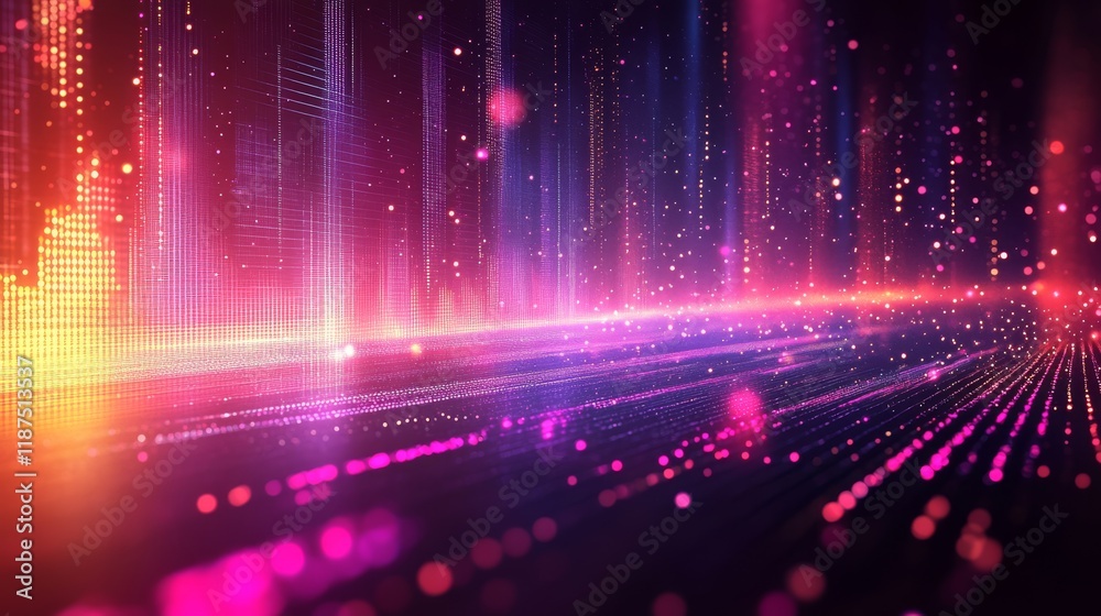 Poster abstract digital cityscape with vibrant data streams and luminous particle flow