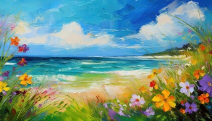 Tranquil Summer Scene Impressionistic WideAngle View of a Blue Sky, Green Sea, and Wild Flowers on the Beach Natures Harmony in a Vibrant Landscape.
