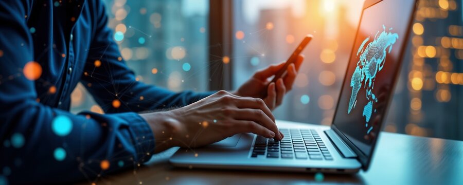 Person uses laptop, mobile phone. Global network connection shown on screen. Modern tech innovation. Person works remotely manages online business. Futuristic digital world. Person engaged in online