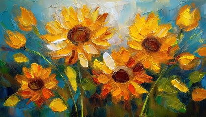 Impressionistic Masterpiece Vibrant Sunflowers Art Painting Showcasing Modern Flower Fields under a Golden Afternoon Light