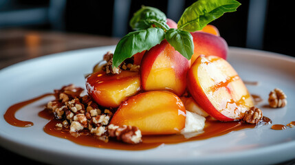 A plate of fruit with a sauce and nuts on top