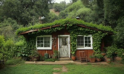 Overgrown Redwood Cabin with White Windows and Ivy, overgrown, rusty gates