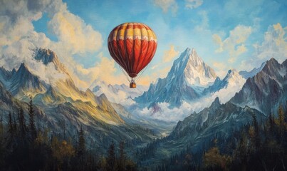 Fototapeta premium Red Hot Air Balloon Soaring Over Majestic Mountains