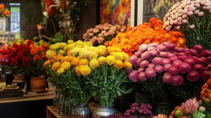Fototapeta premium Colorful flower arrangements in a shop.