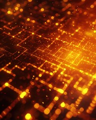 Fototapeta premium Abstract glowing grid pattern with orange and yellow lights, bokeh effect.