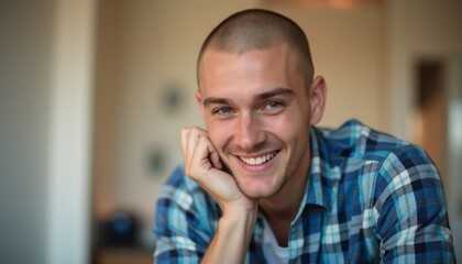 A young Caucasian man with a buzz cut rests his chin on his hand, exuding warmth and friendliness. His bright smile and relaxed demeanor create an inviting atmosphere, perfect for conveying joy and