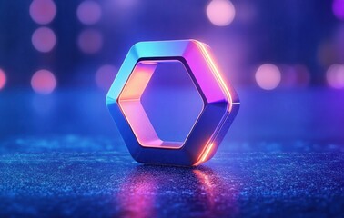 Futuristic Three-Dimensional Hexagonal Icon in Blue and Purple Gradient with Ambient Light