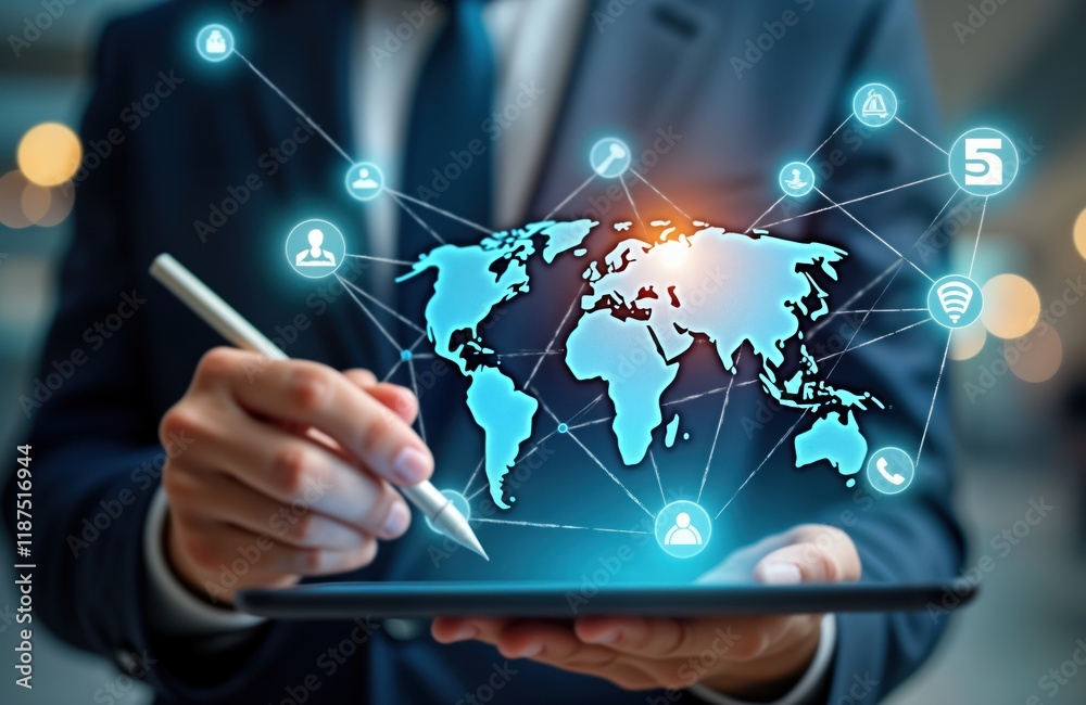 Aufkleber Businessman uses tablet displaying global network connection. Virtual world map with tech icons shows global internet network concept. Businessman explores IoT. Global network. Modern digital tech
