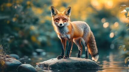 Fototapeta premium Red fox standing on rock by water in forest.