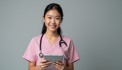A cheerful young Asian woman in pink scrubs stands confidently with a tablet in her hands, exuding warmth and professionalism. Her stethoscope drapes around her neck, symbolizing her dedication to