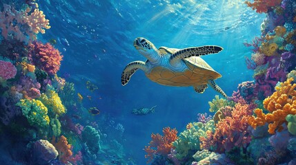 Fototapeta premium A turtle swimming near a vibrant coral wall in the clear, bright blue sea.