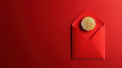 Bitcoin symbolism: single gold coin on red envelope for prosperity and wealth