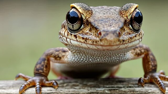 Unique close-up of a colorful lizard perched on a wooden log in a natural setting during daylight