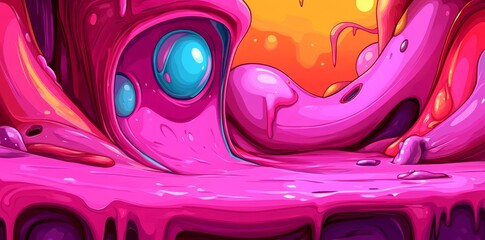 Colorful abstract organic shapes form a seamless pattern in a retro-style illustration. The background features a trendy palette of primary colors, enhancing the creative drawing