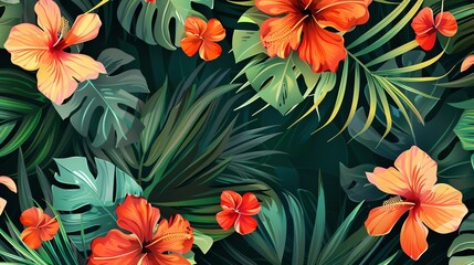 A tropical pattern with lush green leaves and orange flowers.