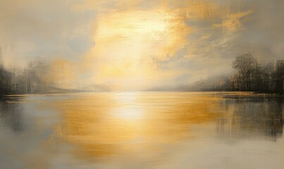 Fototapeta premium Radiant golden light dancing on the surface of a calm lake, movement , golden