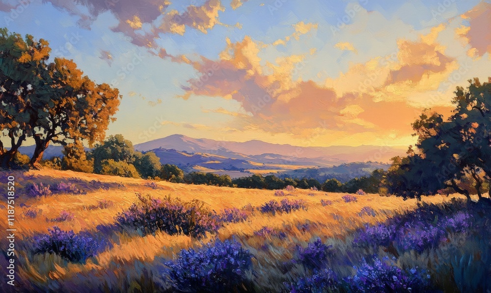 Wall mural Pale shades of blue and purple soften the warm tones of golden light in this stunning sunset, pale, warm