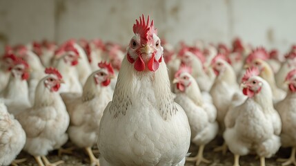 Fototapeta premium A flock of chickens in a barn setting.